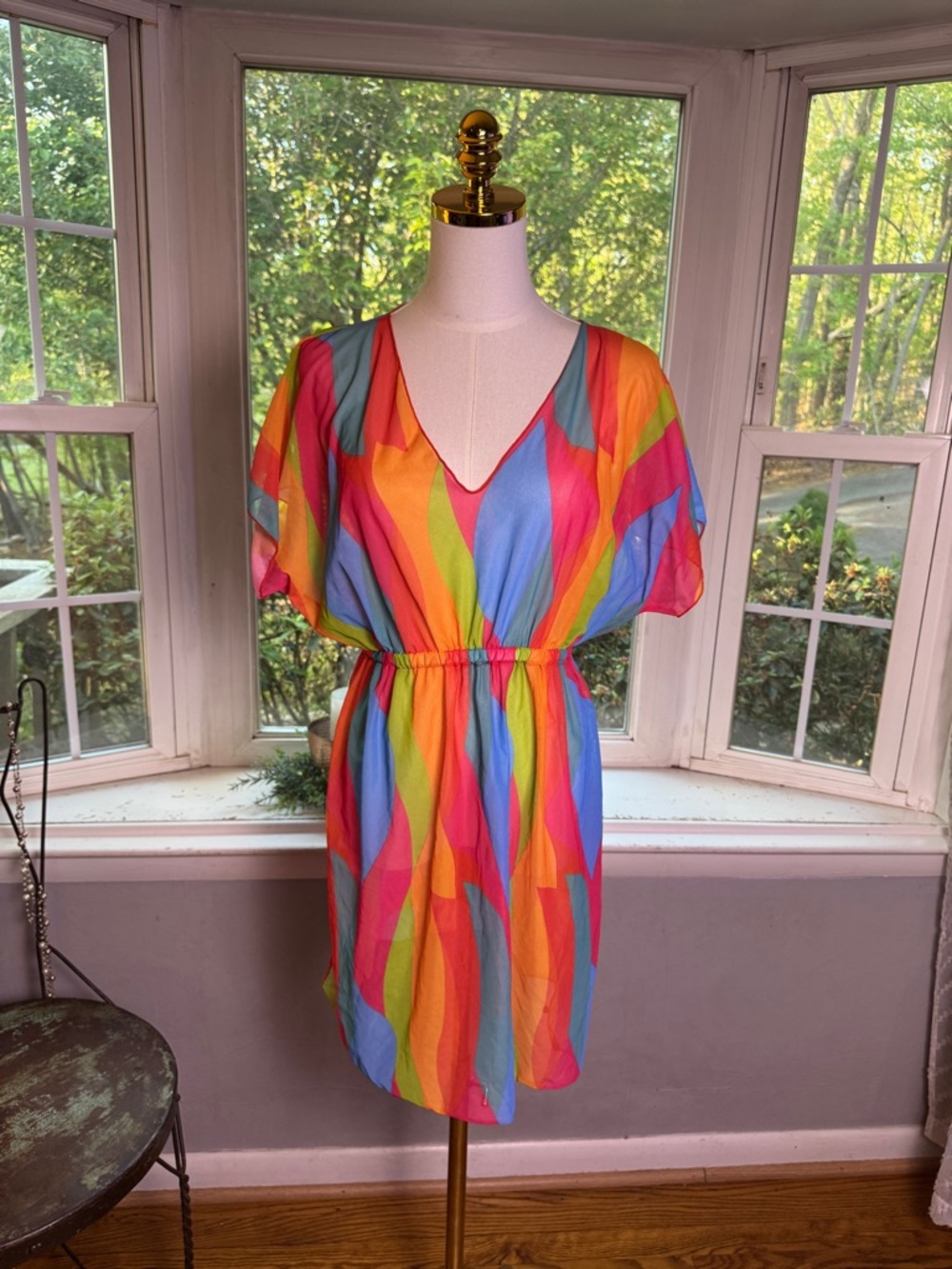 Bright Colorful Sheer Swim Cover Up Mini Dress V-Neck Elastic Waist - Picture 3 of 6